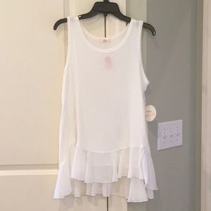 Creme waffle knit tank with high low ruffle hem